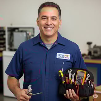 The confident face of a Novus-Pros technician, proudly displaying tools and uniform