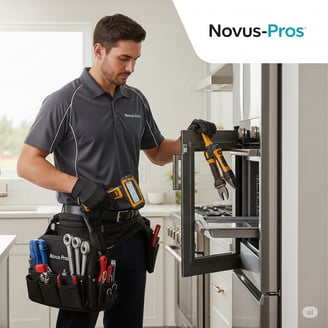 Here's an alt text description for the picture: A Novus-Pros technician in a gray polo shirt with
