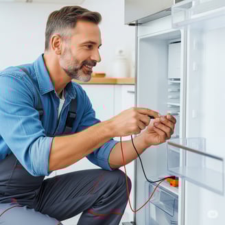 A smiling male appliance technician is crouched down and intently using a multimeter to diagnose an
