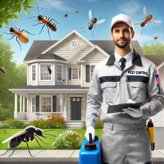 residential-pest-control-technician-treating-a-suburban-home-in-warwick-ri-with-visuals-of-ants-mice-cockroaches-and-termites