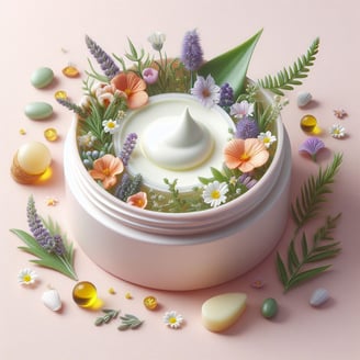 a jar of cream with flowers and herbs