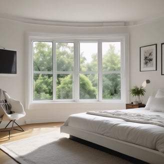 a bedroom with a large window and a chair