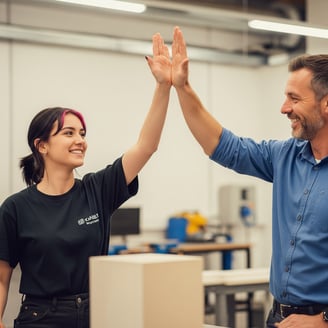 Empowered apprentice with her manager happy about the success of the product