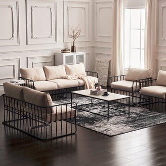 3D marketing design of a modern industrial-style sofa set, vintage charm, inviting indoor elements.