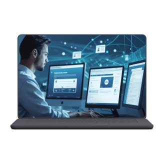 IT Support Specialist from TMN working on multiple monitors with data analytics and UI designs in a tech setup.