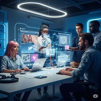a group of people sitting at a table with a laptop