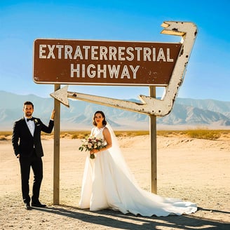 a bride and groom standing in front of a sign that says extraterrestial