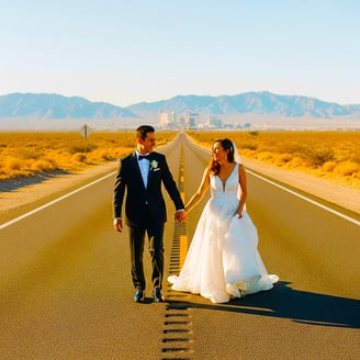 a bride and groom walking down a road