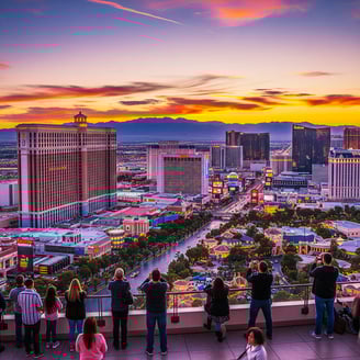 a group of people standing on a balcony with a view of the city