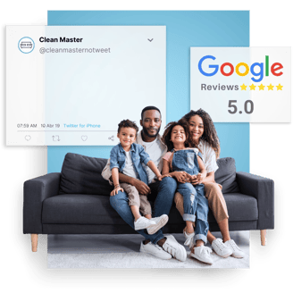 Família sentada em sofá limpo com arte gráfica ao lado e selo de avaliação 5 estrelas do Google.