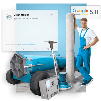 profissional segurando um tapete limpo e embalado ao lado deequipamentos de limpeza e selo de 5 estrelas do google