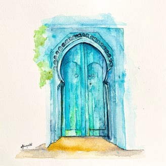 vintage moroccan doors in emerald green and turquoise watercolor painting by weronika herve