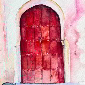 sleeping cat and old red moroccan door watercolor painting by weronika herve 
