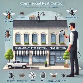 commercial-pest-control-technician-inspecting-a-business-building-with-icons-of-rodents-cockroaches-ants-and-flies-in-warwick