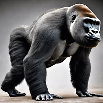 A gorilla is holding a green object in its hand with a contemplative expression. The gorilla's fur is dark, and the background is blurred greenery, suggesting a natural habitat.