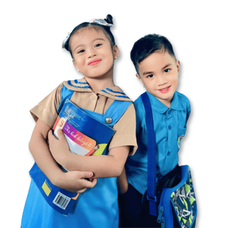Two Shelomith students stand together, one with a colorful book, the other in a blue shirt and backpack.