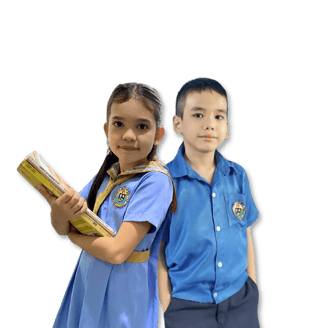 Two Shelomith Learning Center students in uniform stand side by side, one holding a book, against a black background.
