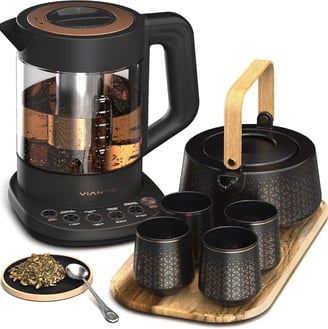 Electric Kettle with Tea Infuser for Loose Leaf Tea And Ceramic Serving Set. Tea Pot And Cups Set Wi