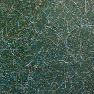 Abstract painting with a deep green background overlaid with energetic drips and looping lines in white, blue, and orange