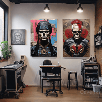 Ilustração vibrante de caveira e tatuagem, adornando as paredes do estúdio de tatuagem Cavérik.