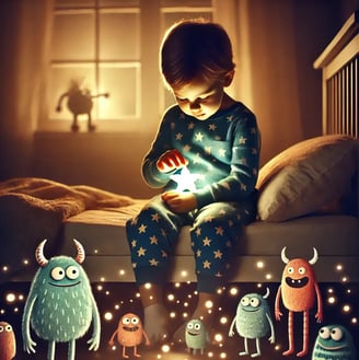 Enfant en pyjama activant un bouton magique sur son poignet pour réduire sa peur du noir, entouré de créatures imaginaires