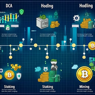 cryptocurrency investment strategies: Dollar-Cost Averaging (DCA), HODLing, Staking, and Mining. 