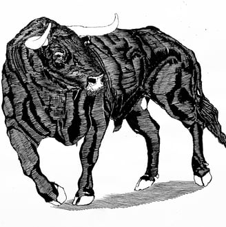 Illustration of a bull looking to the side, Made in the traditional way Using techniques of woodcut