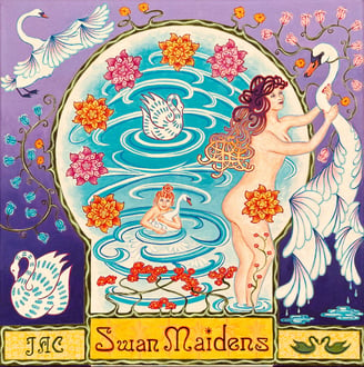 Acrylic painting depicting the Tale of the Swan Maidens