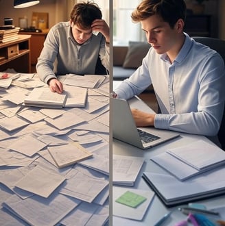 A split-screen of a disorganized person with paper chaos vs. a calm person using a digital planner, 