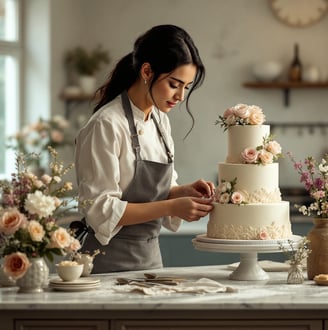 a woman assembling a 3 tier traditional wedding cake