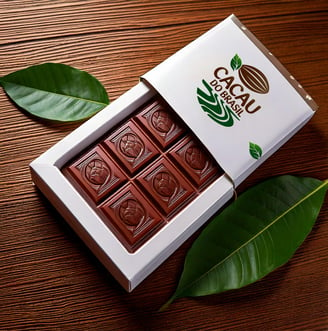 a box of chocolates with a leaf on top "CACAU DO BRASIL"