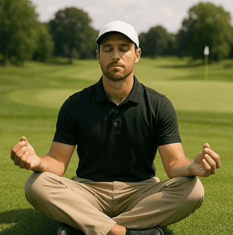 a man sitting in a lotus position on a golf course