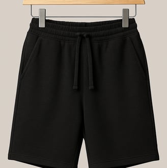 a black shorts with a wooden hanger and a hanger on a hanger