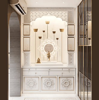 A modern CORIAN TEMPLE with intricate white carvings, lotus motifs, and a central deity statue, 