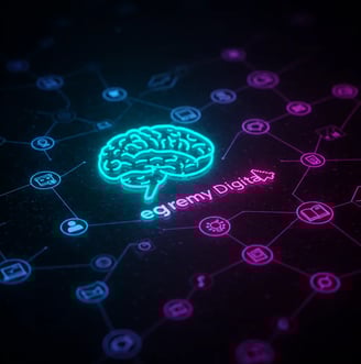 Icono de cerebro en neón sobre fondo oscuro con red de iconos de marketing digital (usuario, carrito, lupa, candado), Egremy 