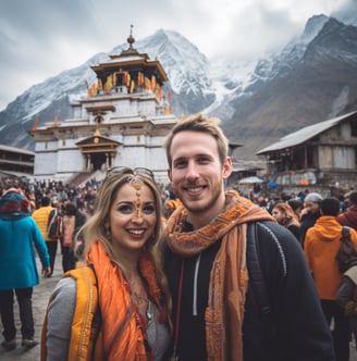 a man and woman in Kedarnath Temple in India