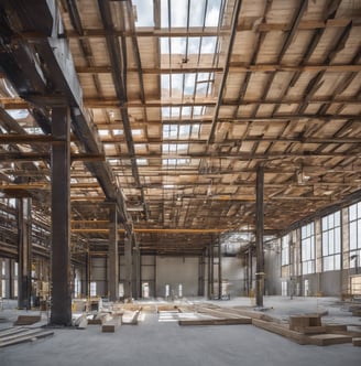 a large open space with a lot of wood and wooden beams