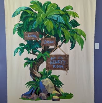 6-foot by 5-foot linen canvas tapestry mural of a lush jungle tree in greens and blues,, with signs and painted names.