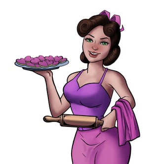 Woman baking cookies, line art illustration, vintage style, kitchen art