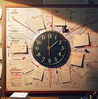 A wall filled with notes connected by red lines, forming a mind map with a clock at the center — sym