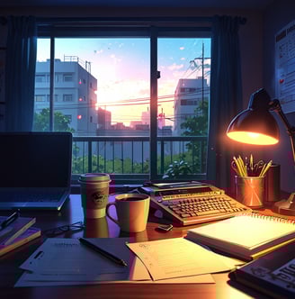 A warm sunset glow filters through a window onto a desk with a laptop, coffee mug, and notes — c