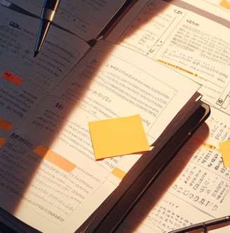 An open book with a yellow post-it note marked with a question mark, symbolizing reflection, curiosi