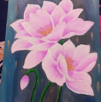 a painting of two pink flowers on a table