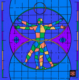 a man in a colorful geometrical design