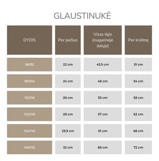 Glaustinukės dydžių lentelė