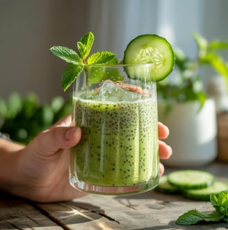 Green matcha chia smoothie served in a glass with ice, garnished with a cucumber slice and mint
