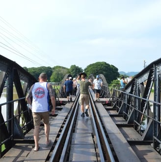 St Andrews Australia Research Team crossing the Bridge over the River Kwai 2023 Tours of War