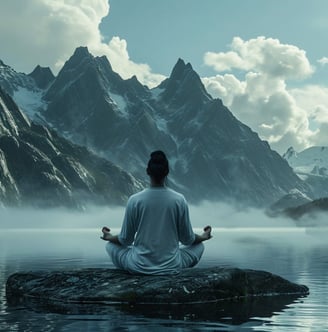 A person sitting by the lake and mountains, meditating with self-awareness