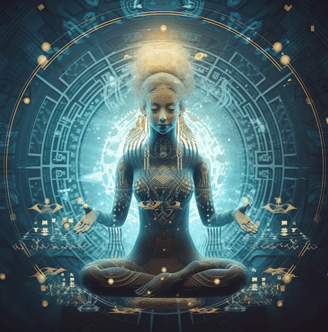 a woman sitting in a meditation position with a sacred space in the background