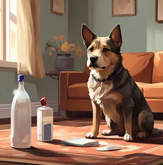 a dog sitting on a rug in a living room